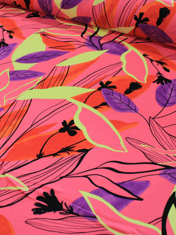 Tecido Viscose Floral Tropical Rosa, Roxo e Verde Lima
