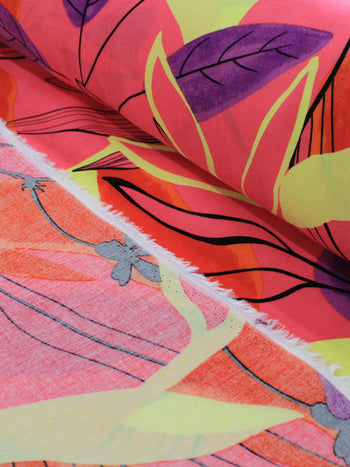 Tecido Viscose Floral Tropical Rosa, Roxo e Verde Lima