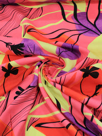 Tecido Viscose Floral Tropical Rosa, Roxo e Verde Lima