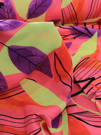 Tecido Viscose Floral Tropical Rosa, Roxo e Verde Lima