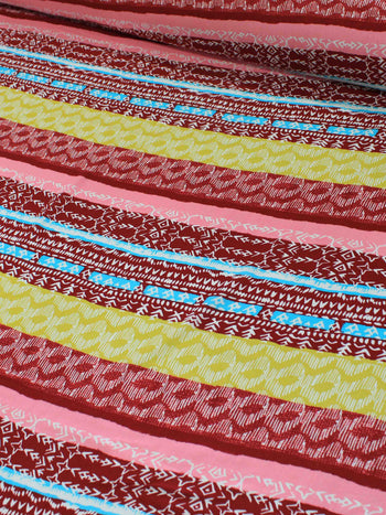 Tecido Viscose Listrado Étnico Vinho, Amarelo e Rosa