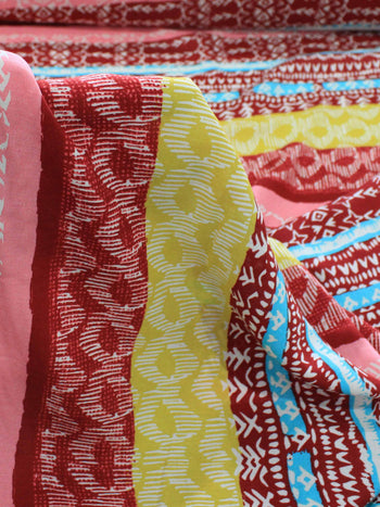Tecido Viscose Listrado Étnico Vinho, Amarelo e Rosa