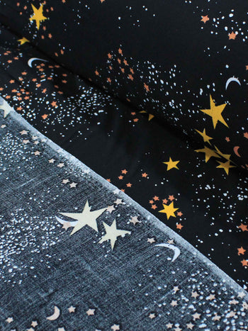 Tecido Viscose Constelação Céu Estrelado Preto e Amarelo