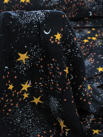 Tecido Viscose Constelação Céu Estrelado Preto e Amarelo