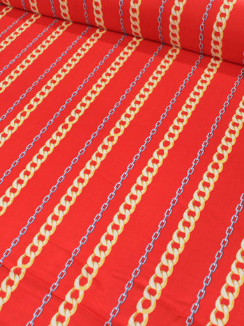 Tecido Viscose Correntes Vermelho e Dourado
