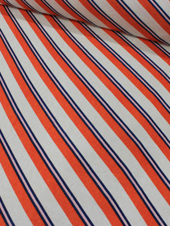 Tecido Viscose Listrado Creme, Laranja e Azul Marinho