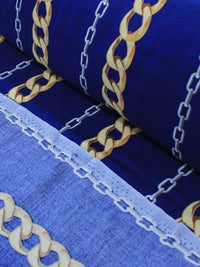 Tecido Viscose Correntes Azul e Dourado