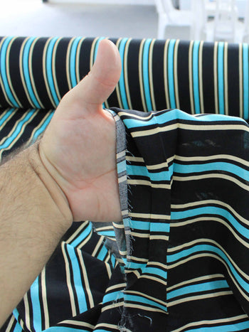 Tecido Viscose Listrado Preto Azul Turquesa e bege