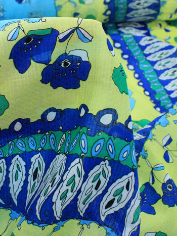 Tecido Anarruga Floral Azul Amarelo e Verde