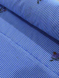 Tecido Cambraia de Algodão Bordada Listras e Flores Azul Branco e Lilás