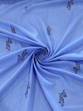 Tecido Cambraia de Algodão Bordada Listras e Flores Azul Branco e Lilás