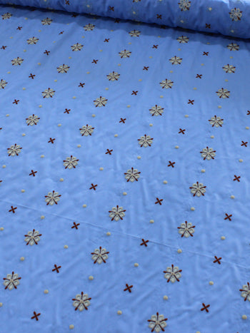 Tecido Cambraia de Algodão Bordada Flor Gravataria Azul e Vermelho