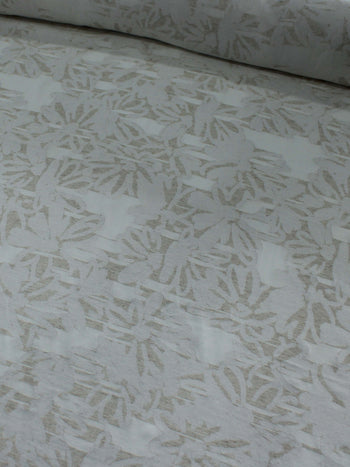 Tecido Viscolinho Brocado Devorê Floral e Geométrico Bege e Offwhite