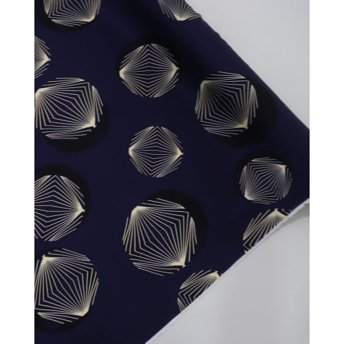Tecido Viscose Acetinada Italiano Circulos Creme Preto e Azul Marinho Noite