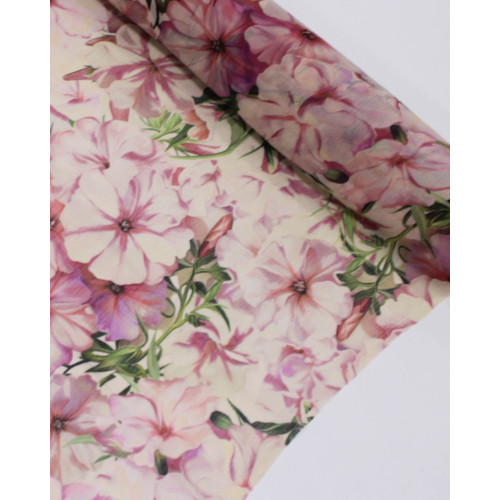 Tecido Crepe Chiffon Italiano Ramos e Flores Verde, Rosa e Bege