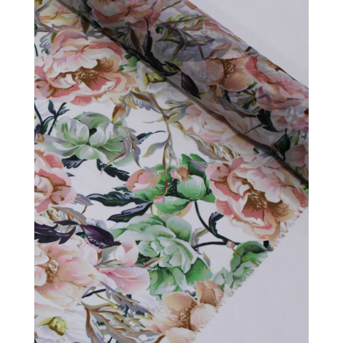 Tecido Crepe Chiffon Toque de Seda Italiano Camélias Coloridas 