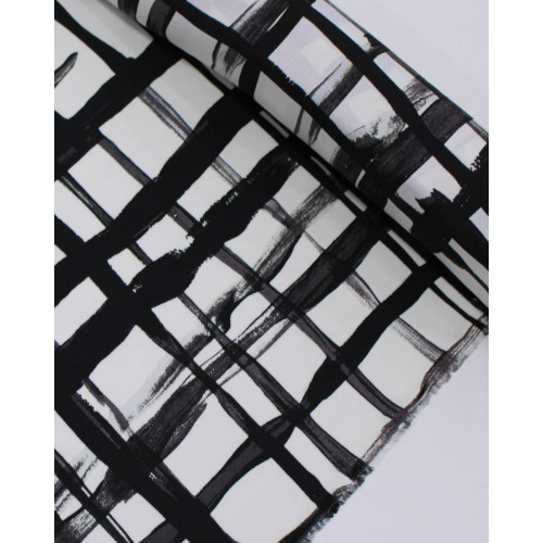 Tecido Viscose Italiano Multi Quadriculado Irregular Preto e Offwhite