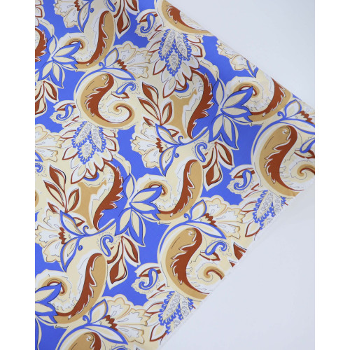 Tecido Viscose Texturizada Macro Arabescos e Folhagens Bege, Caramelo e Azul