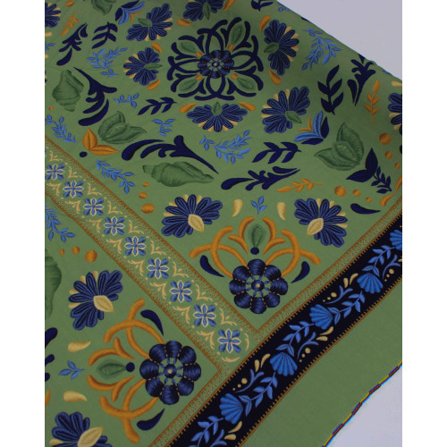 Tecido Viscose Premium Barrado Duplo Ramos em Macro Recortes tons de Azul e Verde