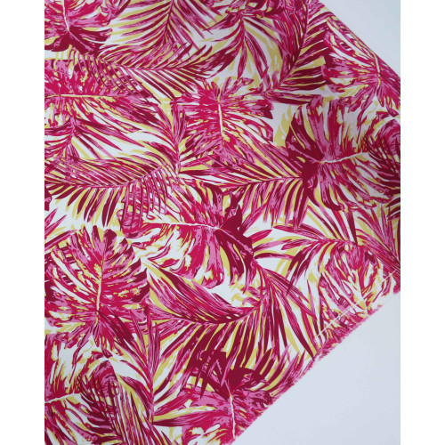 Tecido Viscose Macro Folhagem e Costela de Adão Pink, Amarelo e Branco