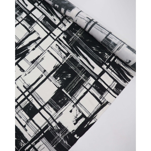 Tecido Viscose Italiano Estampa Geométrica Abstrata Preto e Offwhite