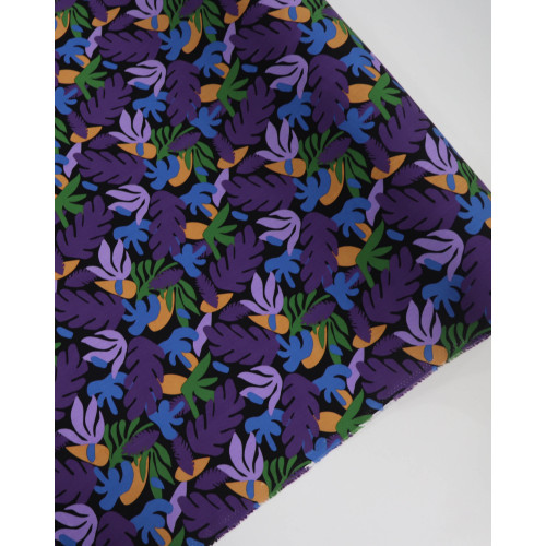 Tecido Viscose Texturizada Suculentas Roxo, Azul e Preto