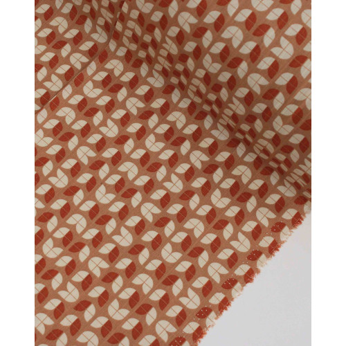 Tecido Viscose Texturizada Folhas Abstratas Terracota, Creme e Bege