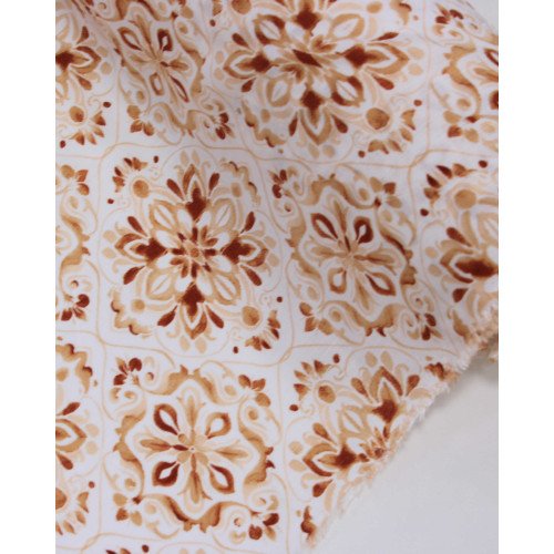 Tecido Viscose Texturizada Flores Contornadas Tons de Cobre e Offwhite