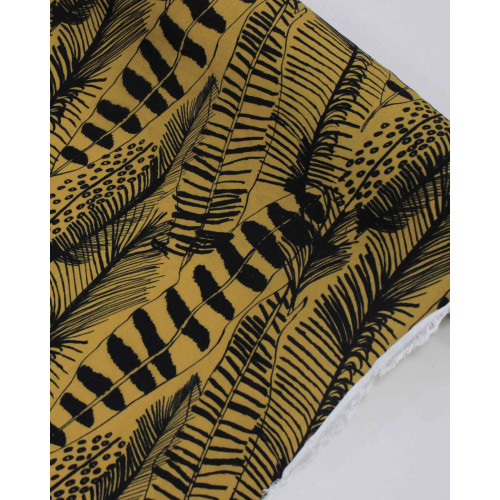 Tecido Crepe de Viscose Premium Listras em Folhagens Abstratas Preto e Amarelo Queimado