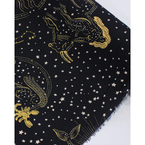 Tecido Viscose Premium Zodíaco Bege, Douradao e Preto