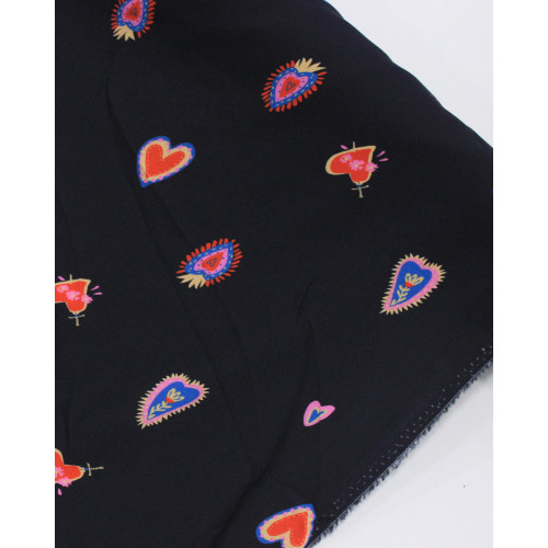 Tecido Viscose Premium Multi Corações Colorido e Preto