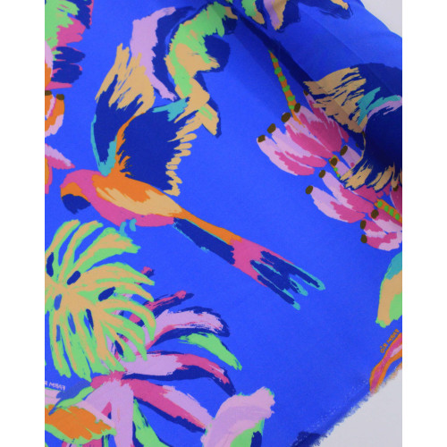 Tecido Viscose Premium Estampa Tropical Abstrata Colorido e Azul