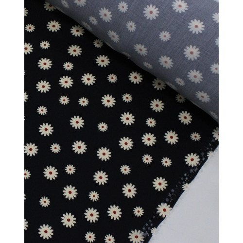 Tecido Viscose Premium Ramos Florais Marrom, Pêssego e Preto