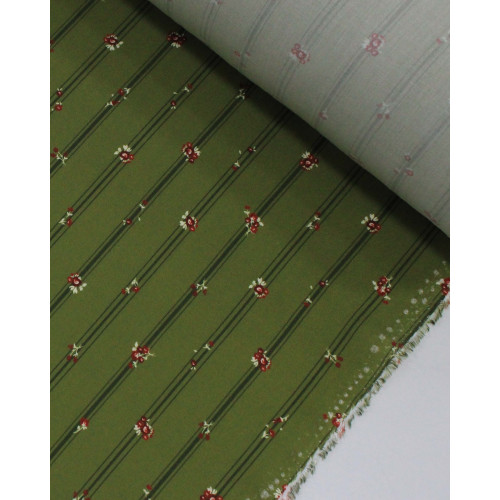 Tecido Viscose Premium Micro Buquês Florais Coloridos em Listras Tons de Verde