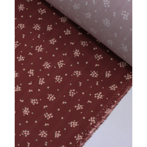 Tecido Viscose Premium Micro Buquês Florais Coloridos em Listras Marsala