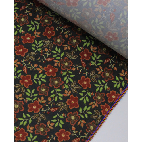 Tecido Viscose Premium Flores e Ramos Colorido e Cinza Chumbo