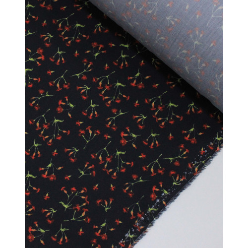 Tecido Viscose Premium Micro Ramos Florais Vermelho, Verde e Preto