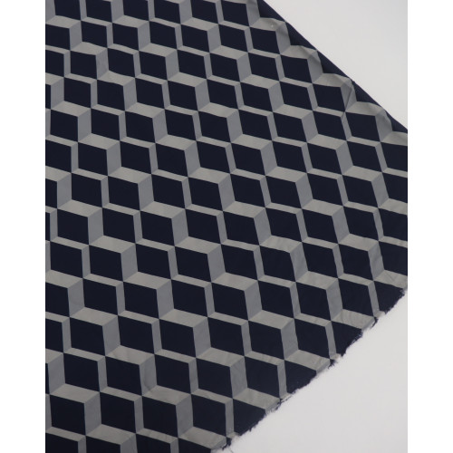 Tecido Viscose Italiano Geométrico 3D Cinza e Azul Marinho (COM DETALHES)