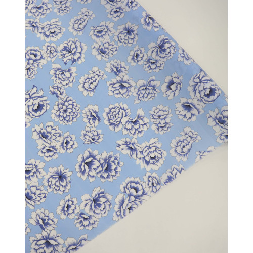 Tecido Tricoline Italiano Flor de Lótus Branco e Tons de Azul (COM DETALHES)