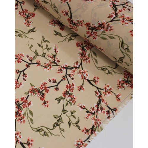 Tecido Crepe Koshibo Leve Ramos Florais Colorido e Bege
