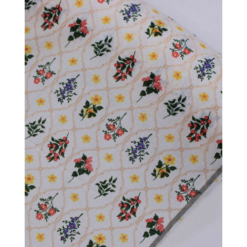 Tecido Linho Misto Estampado Multi Floral Contornado Colorido e Bege