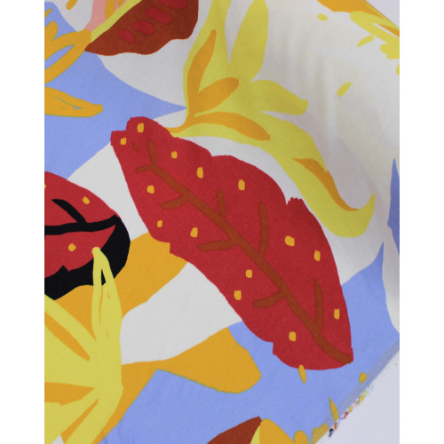 Tecido Linho Misto Estampado Macro Folhas Abstratas Tons Quentes