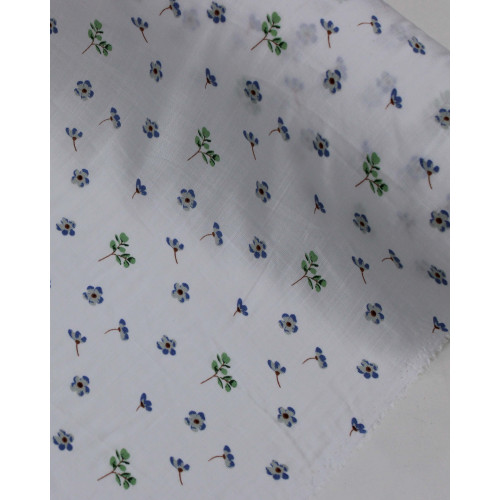 Tecido Viscose Texturizada Micro Ramos e Flores Verde, Azul e Branco