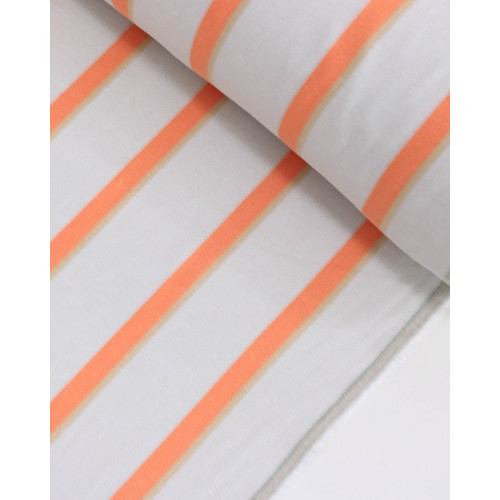 Tecido Linho Misto Estampado Listras Duplas Nude, Coral e Cinza Ártico