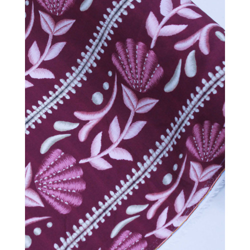 Tecido Viscose Premium Ramos Florais em Listras Bege e Tons de Roxo