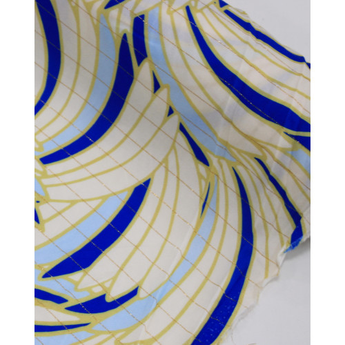 Tecido Viscose Premium Pétalas Cruvas Com Lurex Tons de Azul, Amarelo e Creme