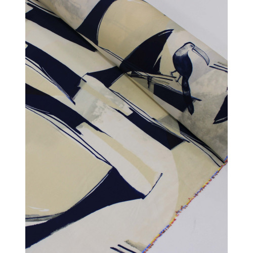 Tecido Viscose Premium Tucanos e Formas Abstratas Azul e Creme