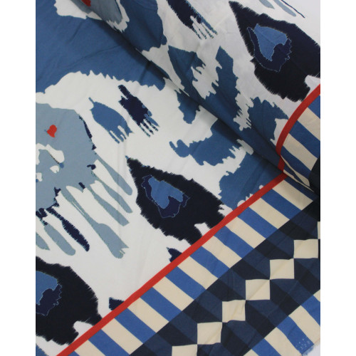 Tecido Viscose Premium Barrado Arte Abstrata Tons de Azul e Offwhite