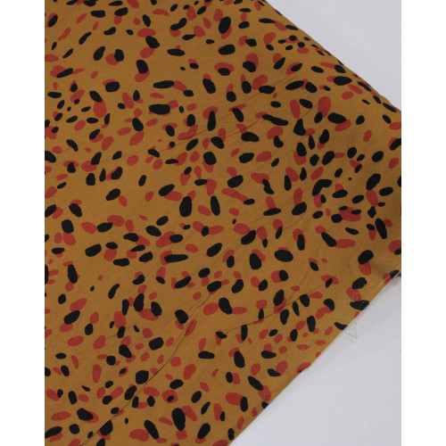 Tecido Viscose Premium Pingos Sobrepostos Preto, Vermelho e Caramelo