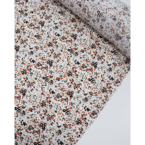 Tecido Viscose Texturizada Micro Tapete Floral Terracota, Preto e Branco